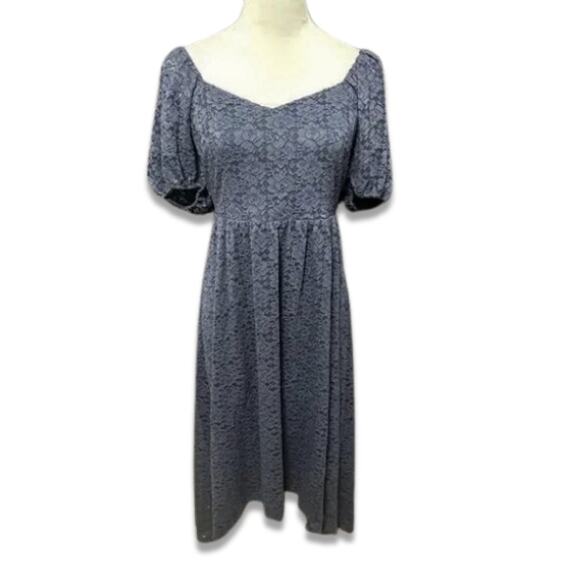 NSR Soft Lace Dress Hi-Low Hemline Puff Sleeves Fully Lined Navy Blue Medium NWT - Picture 1 of 9
